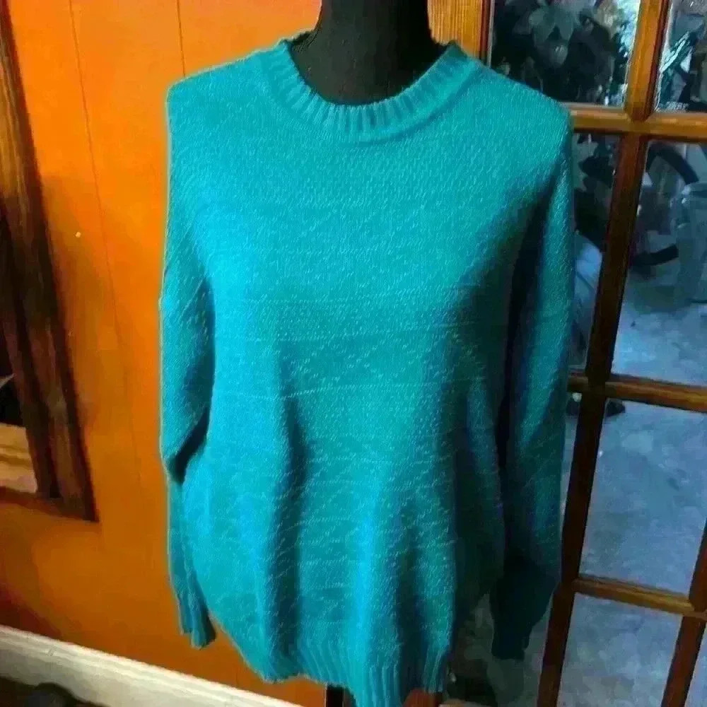 Vintage 80s Sweater Geometric Bright Teal Ramie/Cotton Cable Knit Sweater Large